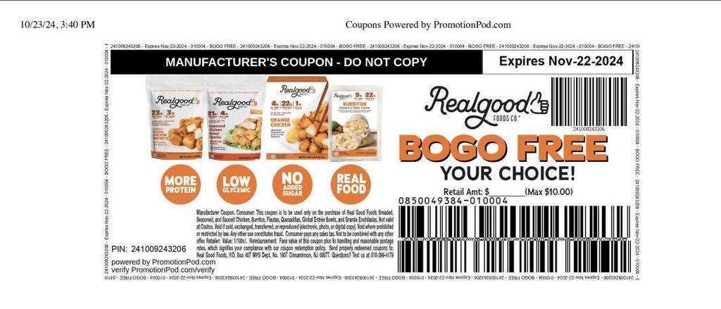 Free Real Good Foods Bogo Coupon - Buy On Get One Free